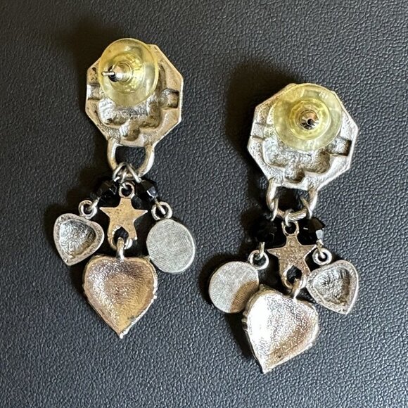 VTG Earrings Dangle Pierced 2" Rhinestones Hearts Stars Pewter Geometric Charm - Picture 6 of 7